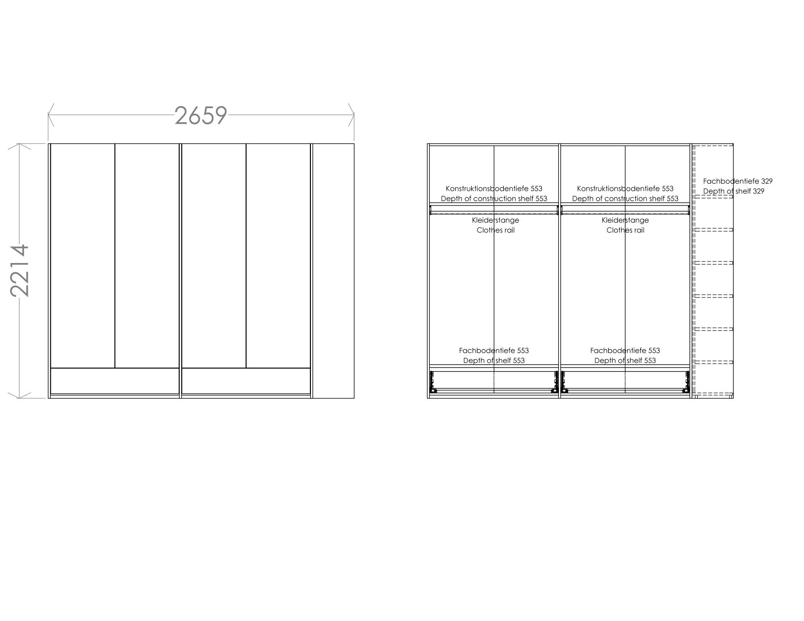 Technische Zeichnung: MODULAR PLUS Schrankkombination von Müller Möbelwerkstätten mit Maßen und Details zu Fächern.