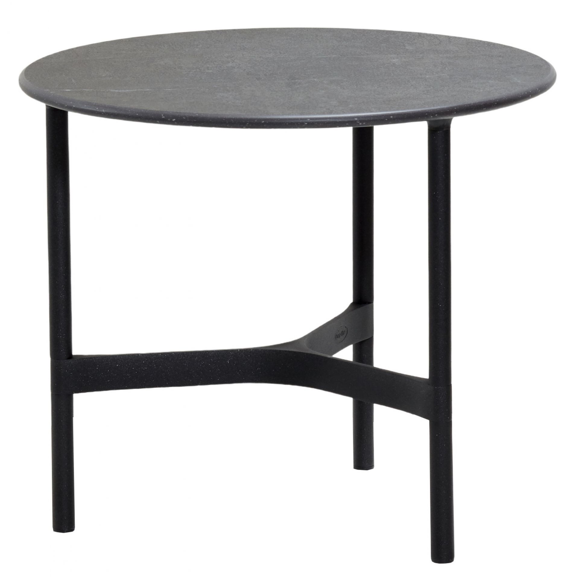 Twist Outdoor Beistelltisch von Cane-Line mit runder, schwarzer Tischplatte und lavagrauem Gestell.