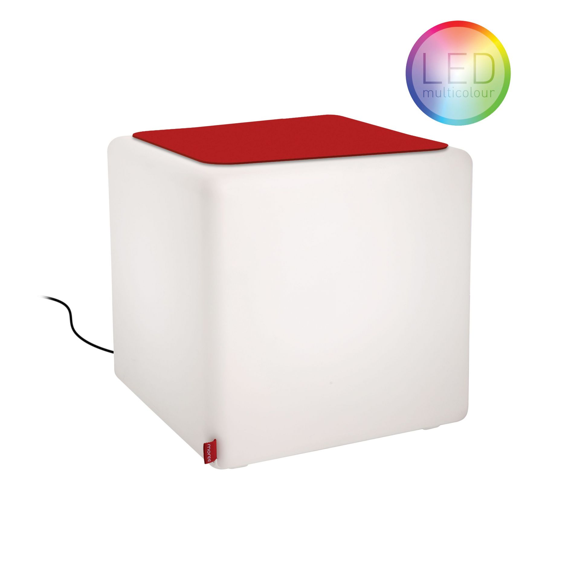 CUBE LED Hocker mit rotem Filzkissen, Akku-betriebener Outdoor Beistelltisch.