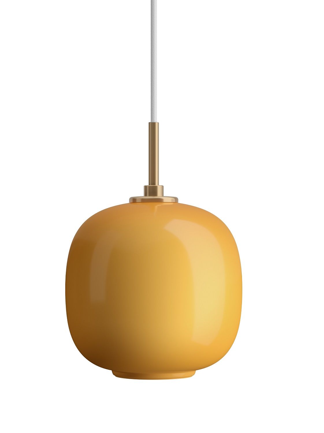 Nahaufnahme der VL45 Radiohus Pendelleuchte von Louis Poulsen, gelbes Glas mit Messingdetails und weißem Kabel.
