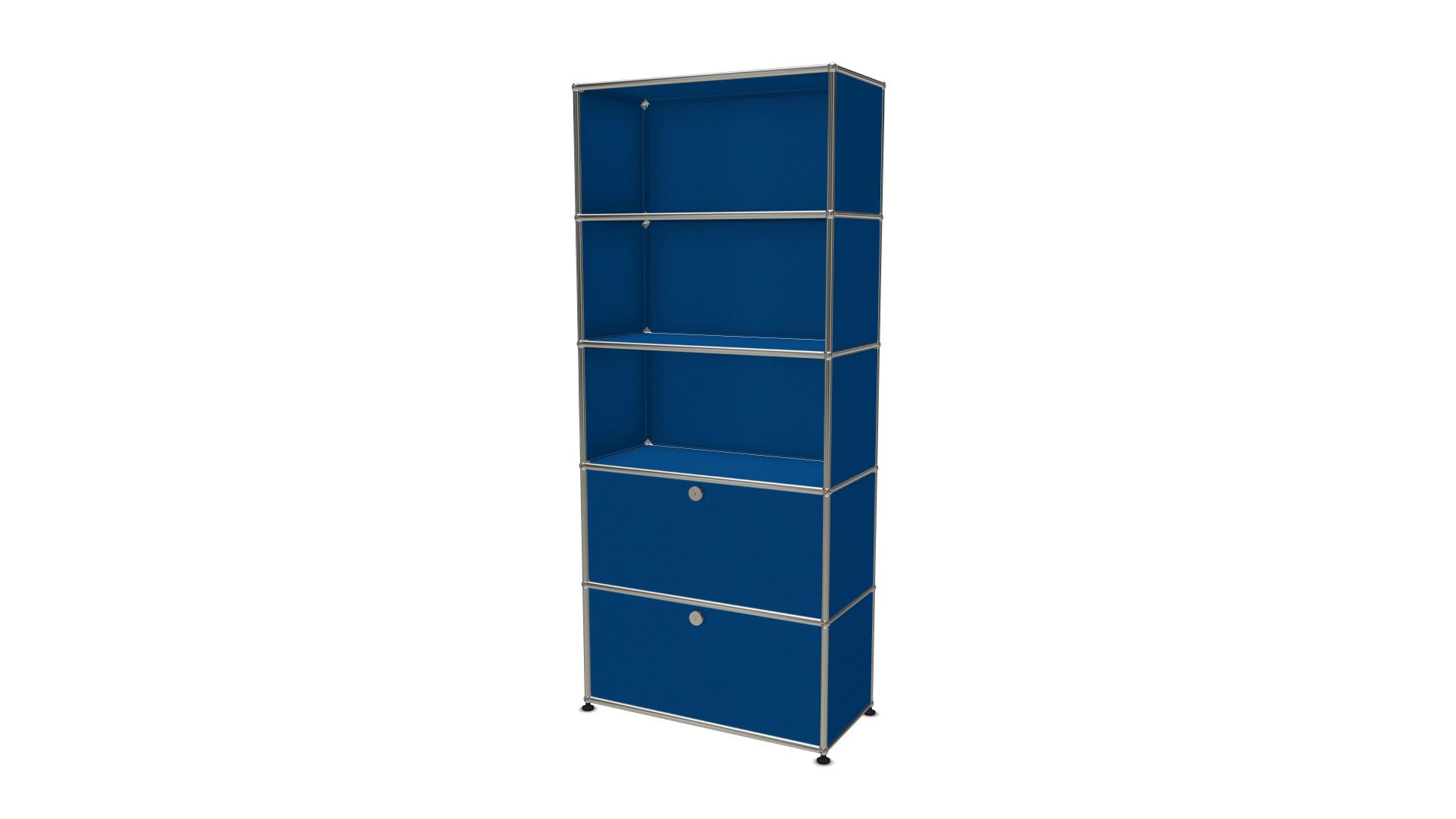 USM Haller Regal in Enzianblau mit zwei Klappen, modulare Möbel für stilvolle Wohnraumgestaltung.