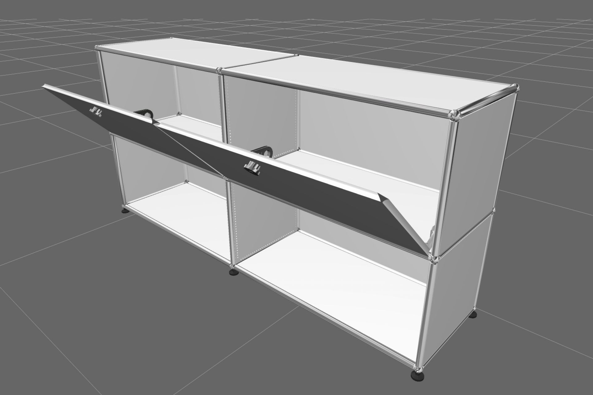 USM Haller Sideboard in Reinweiß mit zwei Klappen und offenen Fächern, modernes Möbeldesign.