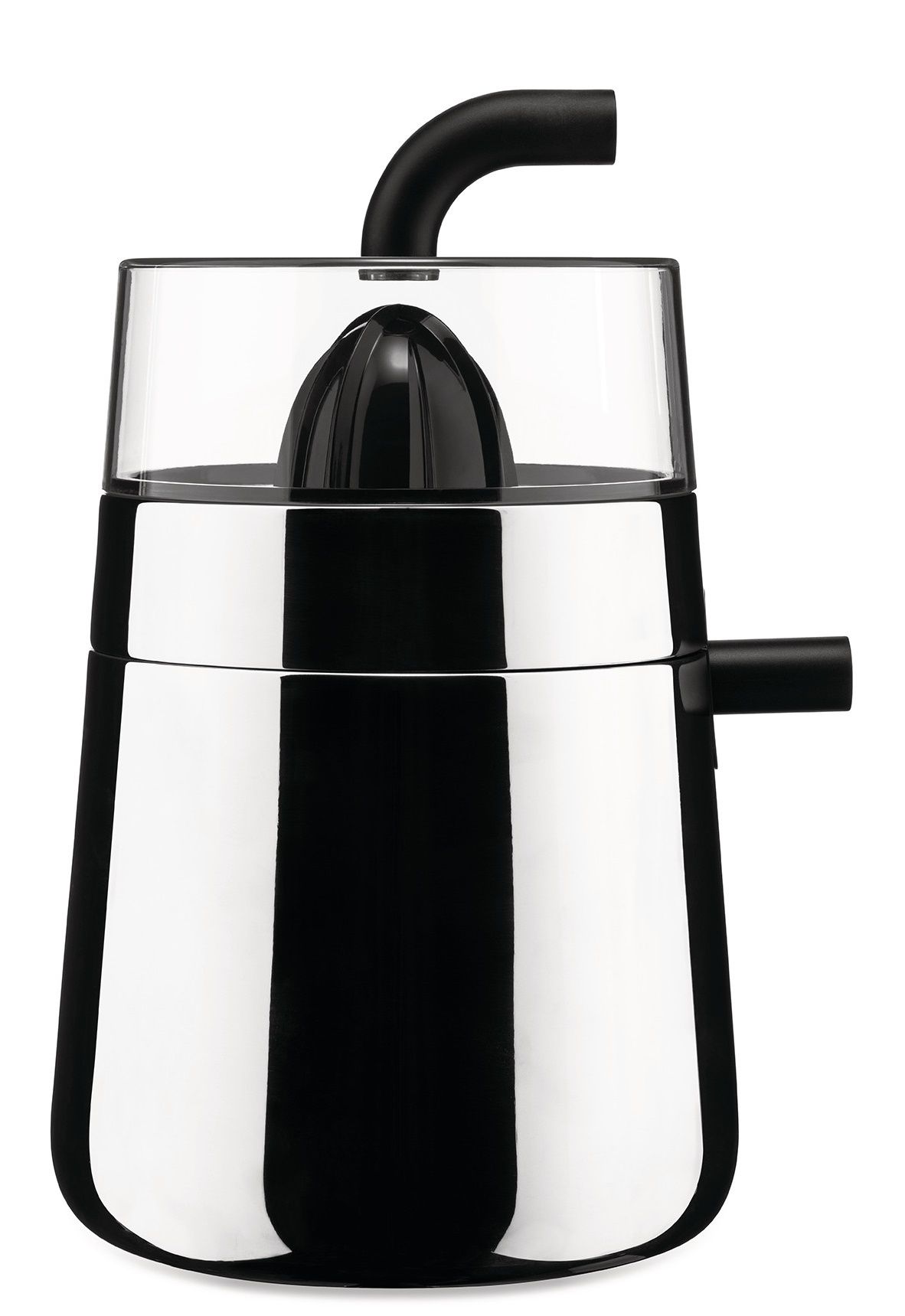 Alessi Toru NE02 B elektrische Zitronenpresse aus Edelstahl und schwarzem Kunststoff.