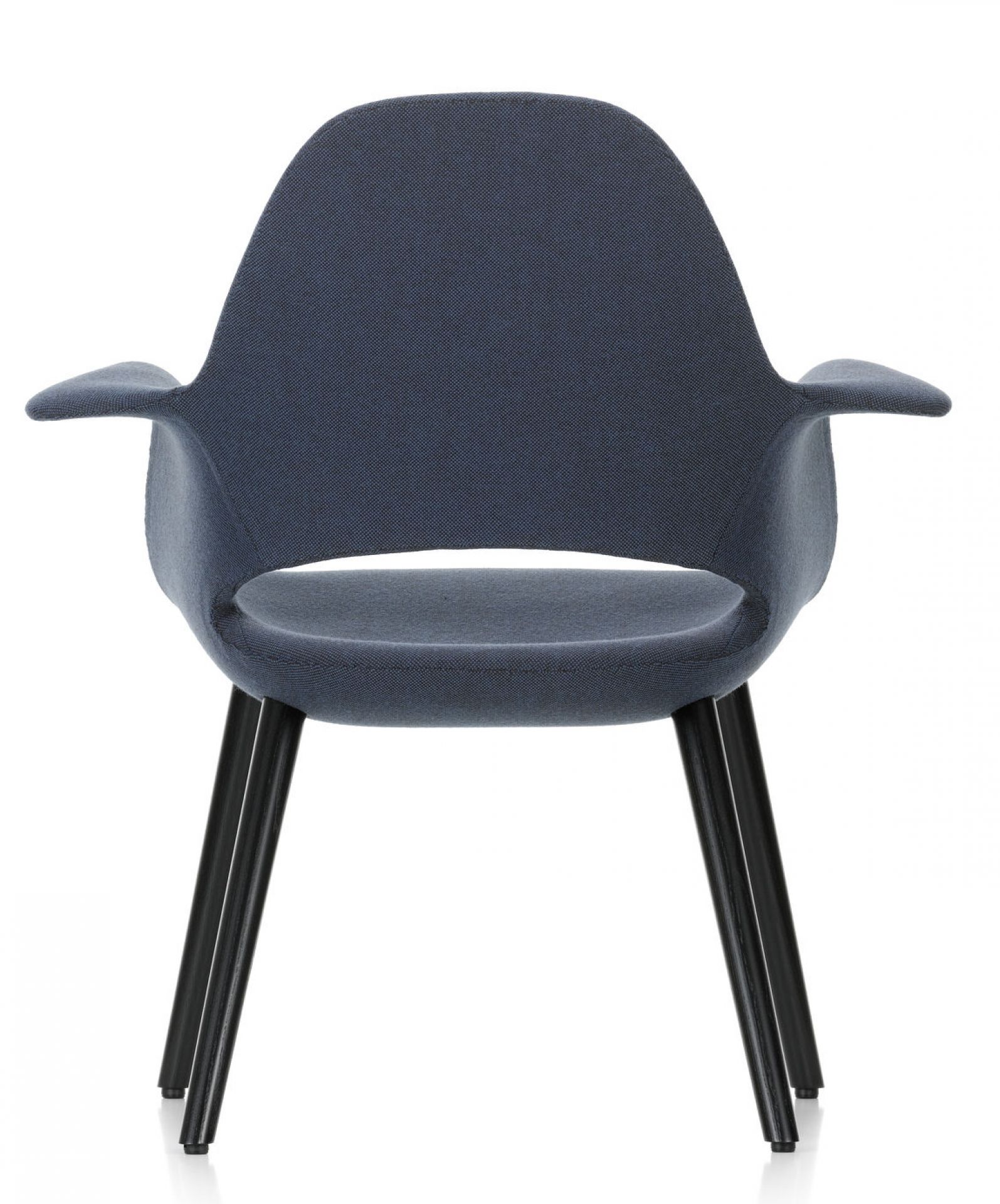 Blauer Organic Chair Stuhl von Vitra mit Armlehnen und schwarzen Holzbeinen.