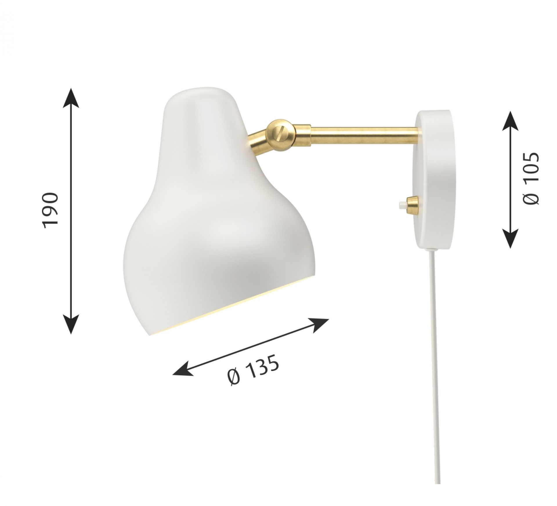Detailaufnahme der weißen VL38 Wandleuchte von Louis Poulsen mit goldenem Arm und Maßangaben.
