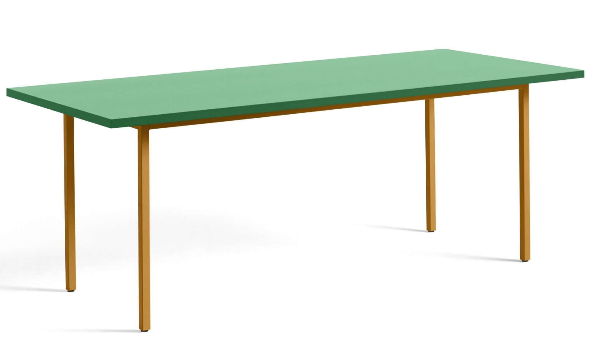 Hay Two Colour Table Tisch, 200 cm lang, mintgrüne Tischplatte und ockerfarbenes Gestell.