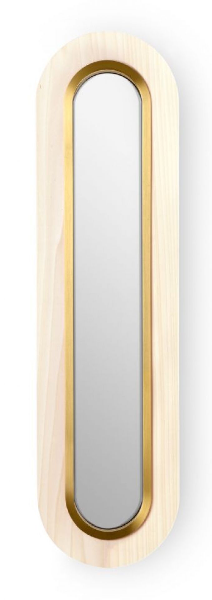 Lens LED Wandleuchte von LZF Lamps: Ovale, gestreckte Lampe mit goldenem Metallring und Holzrahmen.