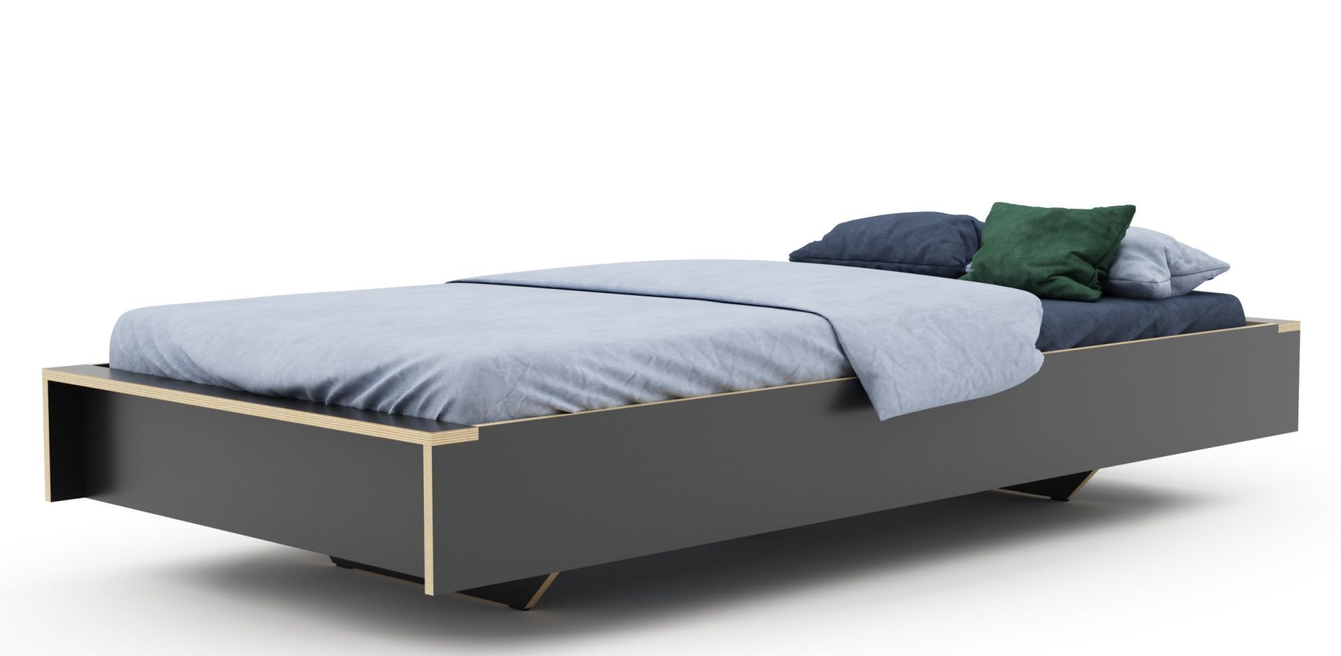 Anthrazitfarbenes Flai Bett von Müller Möbelwerkstätten mit Bettwäsche und Kissen. Modernes Design.