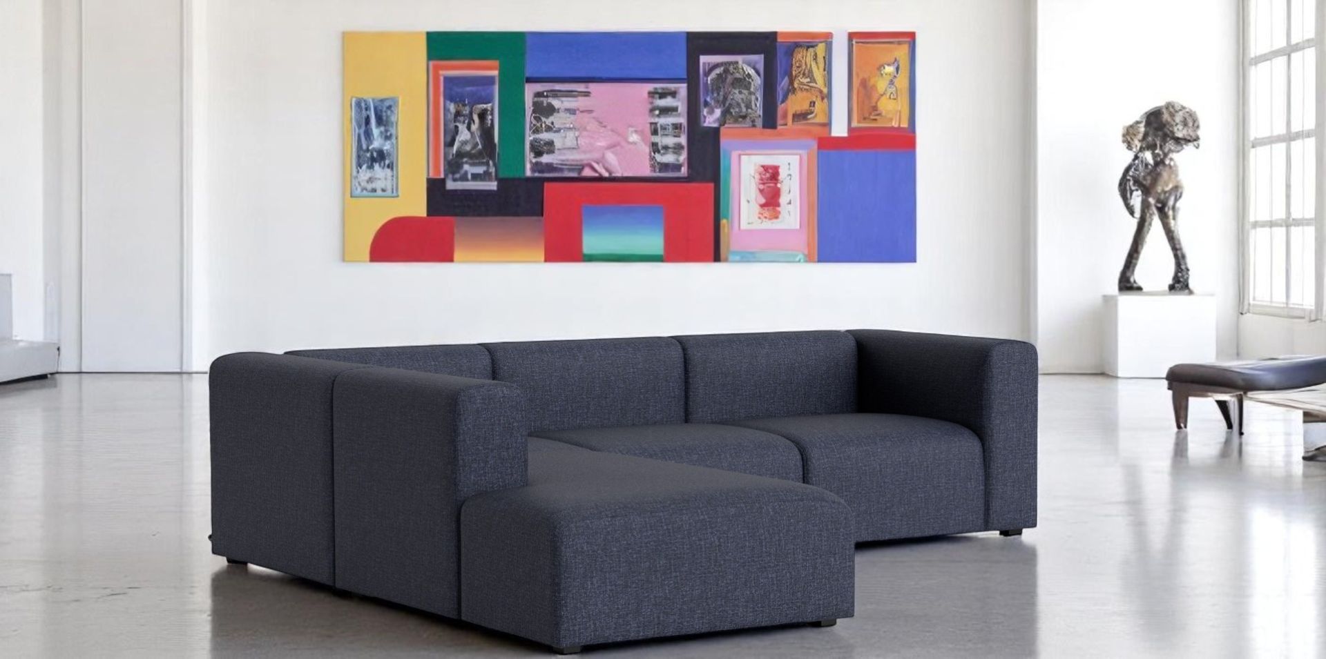 Mags Sofa Ecke mit Armlehne links, Hay Stoff Turf Sand, modernes Wohnzimmer.