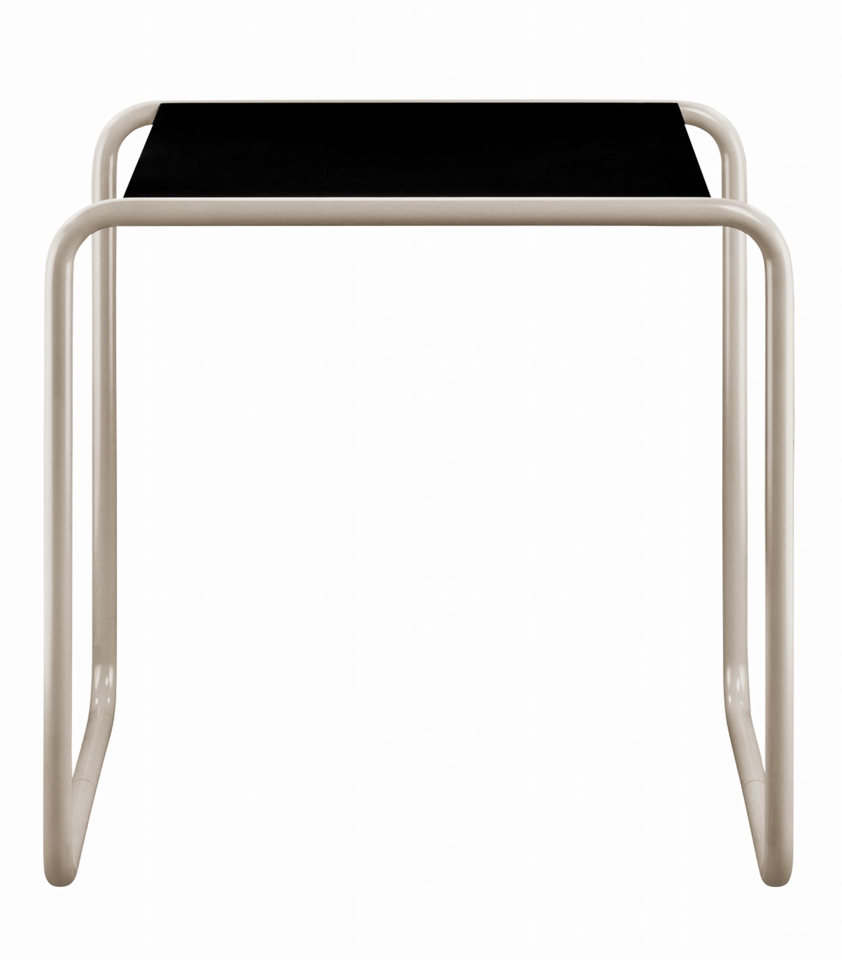 B 9 a Thonet Beistelltisch mit schwarzer Tischplatte und beigem Stahlrohrgestell, Frontansicht.