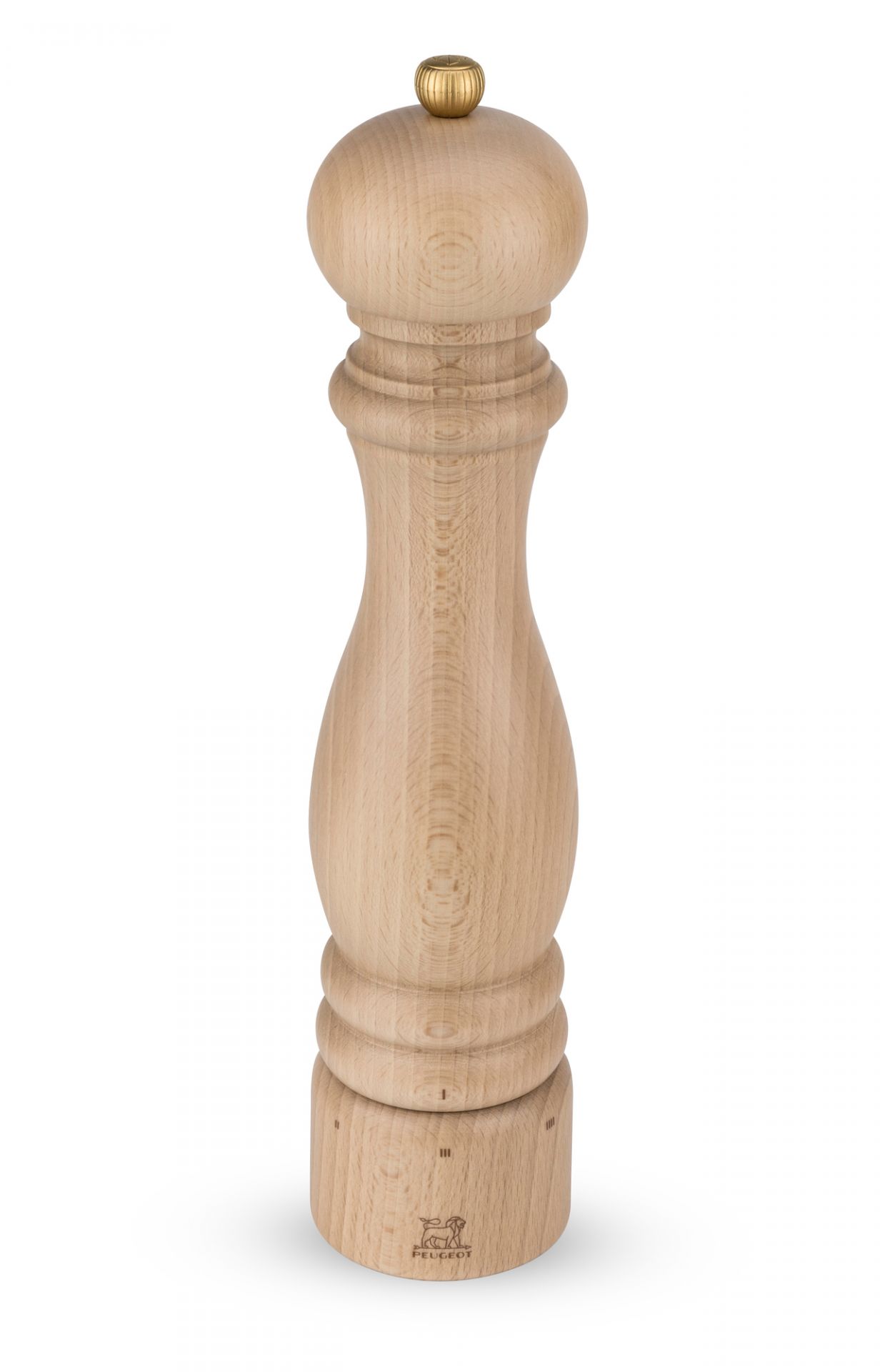 Abbildung einer 30cm hohen Peugeot Paris Pfeffermühle aus hellem Naturholz mit goldenem Knopf.