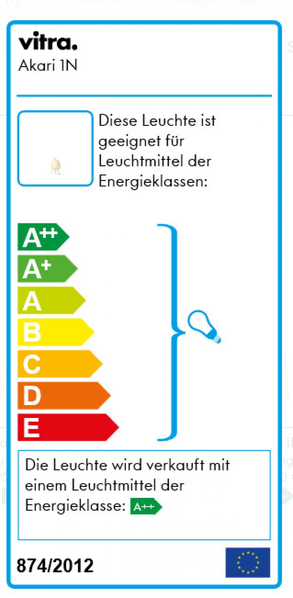 Energieeffizienzlabel der Akari 1N Tischleuchte von Vitra, Informationen zu Energieklassen und Leuchtmittel.