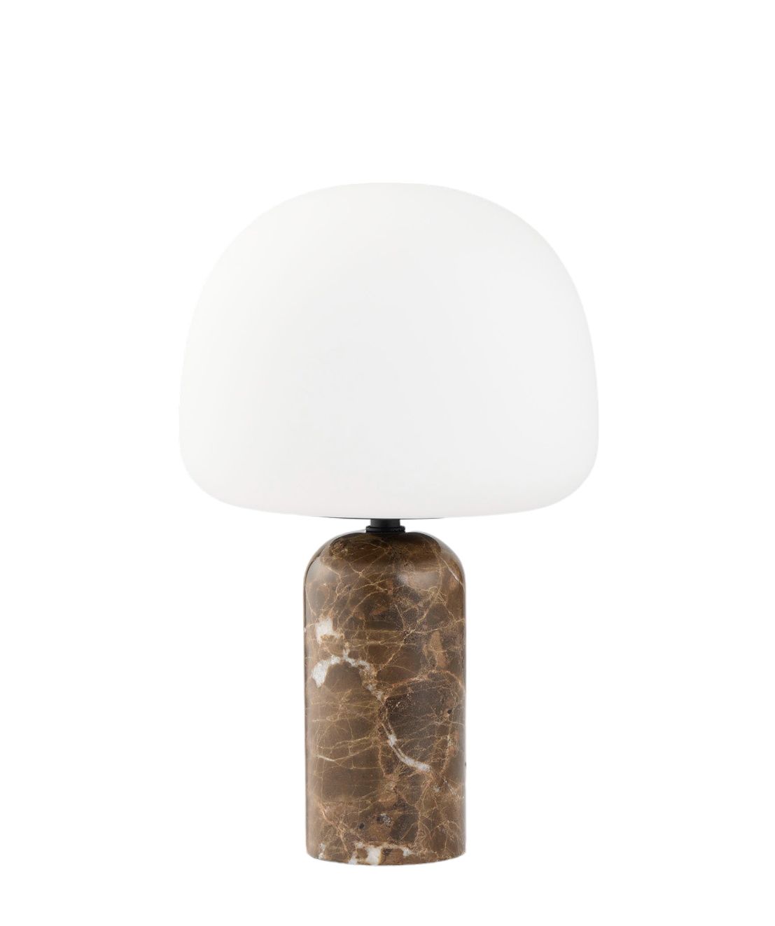 Kin Tischleuchte mit Marmorfuß und weißem Glasschirm, modernes Design für Wohnzimmer und Schlafzimmer.