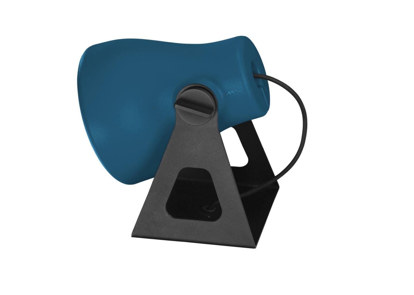 Blaue Mini Frog Outdoor Leuchte von Martinelli Luce auf schwarzem Ständer.