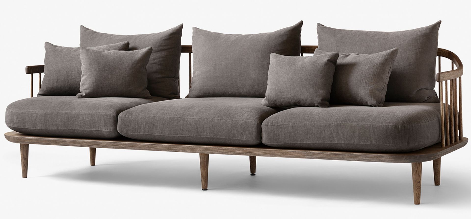 Fly Lounge Sofa: Graues 3-Sitzer Sofa mit Holzrahmen und bequemen Kissen. Modernes Design.