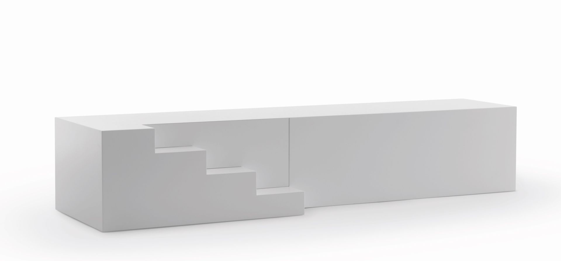 Weißer Mezzanino Beistelltisch von Mogg, 90x90cm, mit integrierter Treppe als Designelement. Moderner Nachttisch für Schlafzimmer.