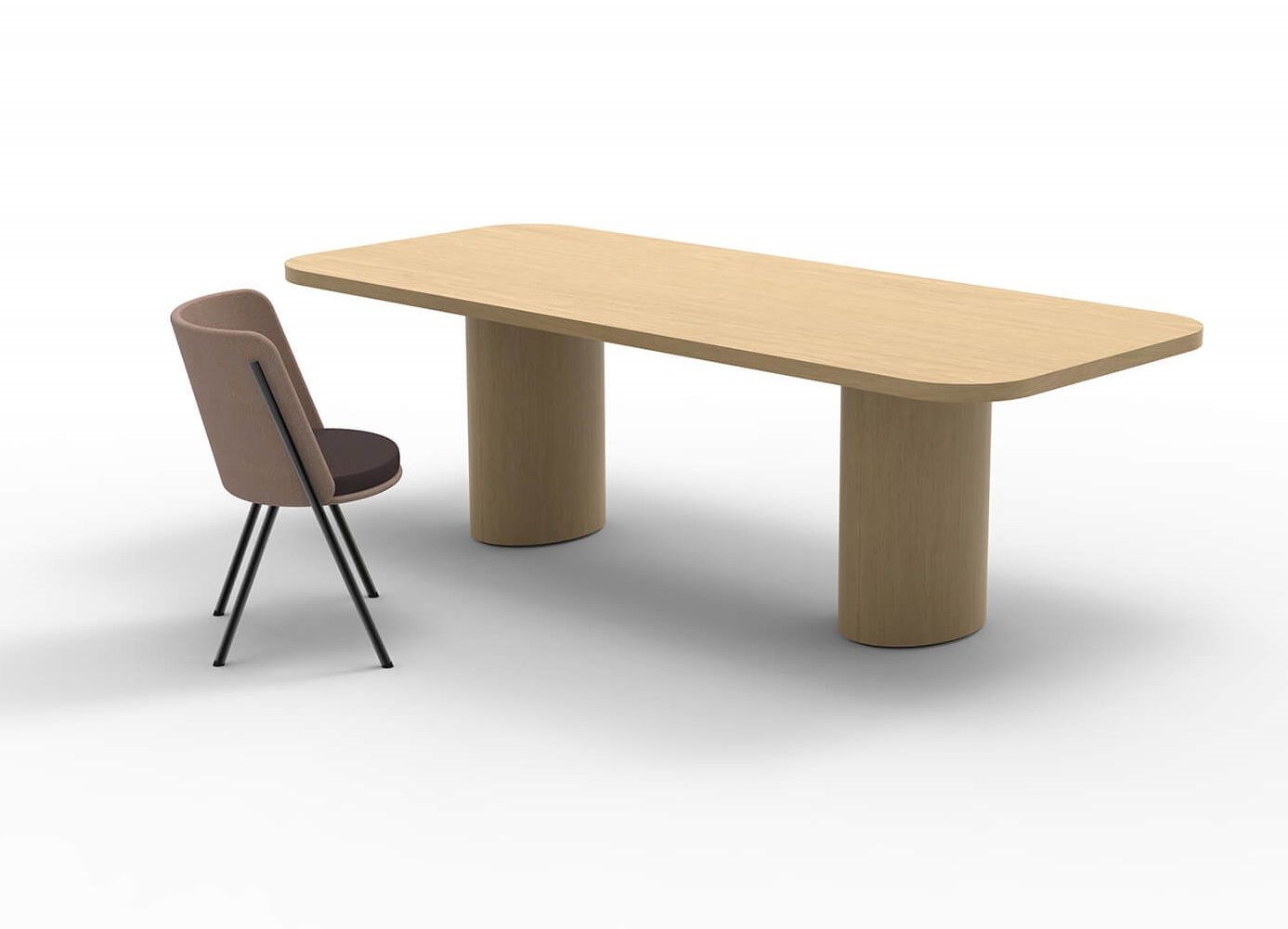 M70 Tisch von Tecta, ein heller Esstisch oder Konferenztisch mit zylindrischen Beinen.