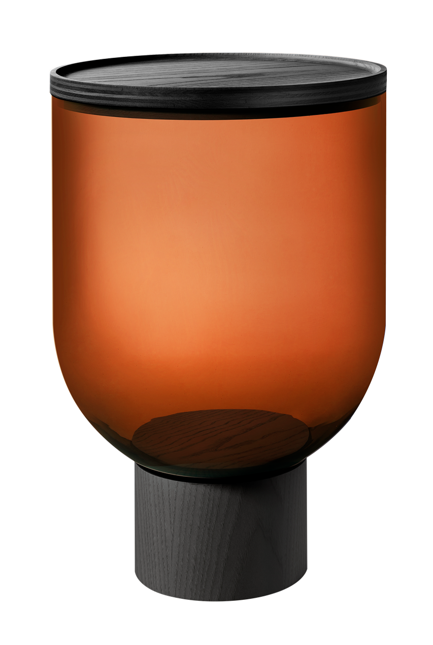 Mastea Beistelltisch von Miniforms: Runder, brauner Tisch mit Holzfuß und -platte, modernes Design.