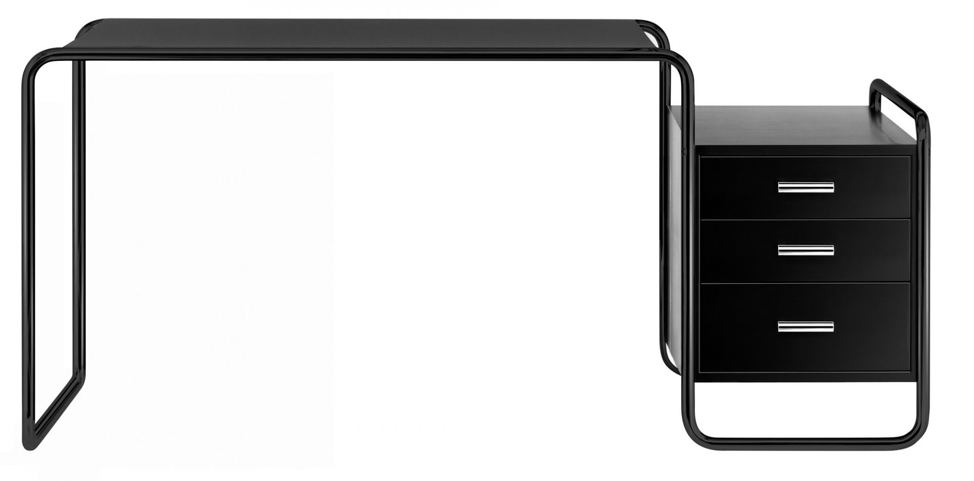 Schwarzer S 285 Stahlrohr Schreibtisch von Thonet mit drei Schubladen und minimalistischem Design.