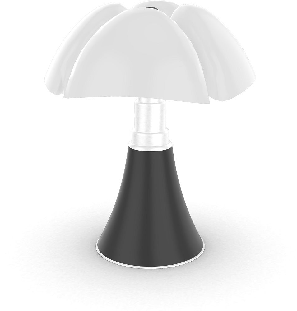 Nahaufnahme der Pipistrello Tischleuchte von Martinelli Luce mit schwarzem Fuß und weißem Schirm.