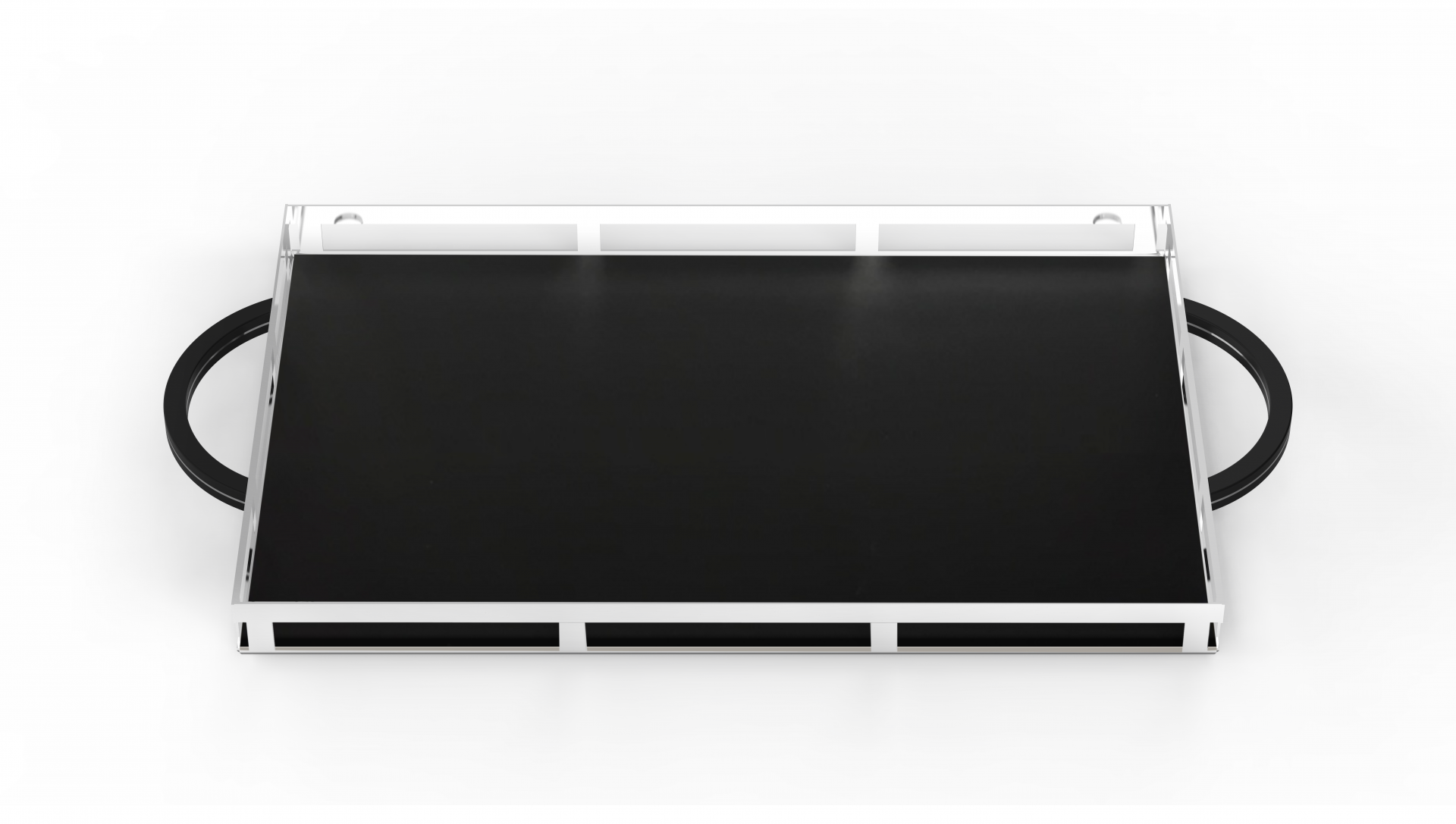 LYONEL Tablett: Schwarzes Serviertablett im Bauhaus Stil mit silbernem Rahmen und Griffen.