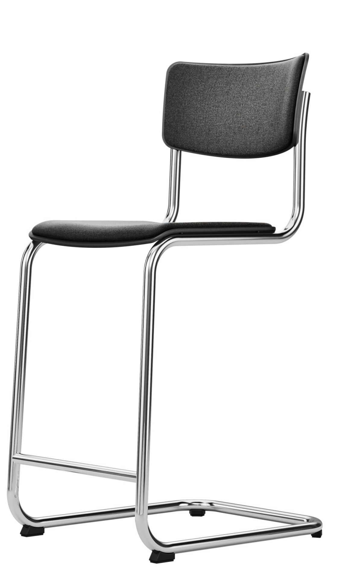 S 43 PVHT Thonet Barhocker aus Stahlrohr, Klassiker mit grauem Sitz und Rückenlehne.