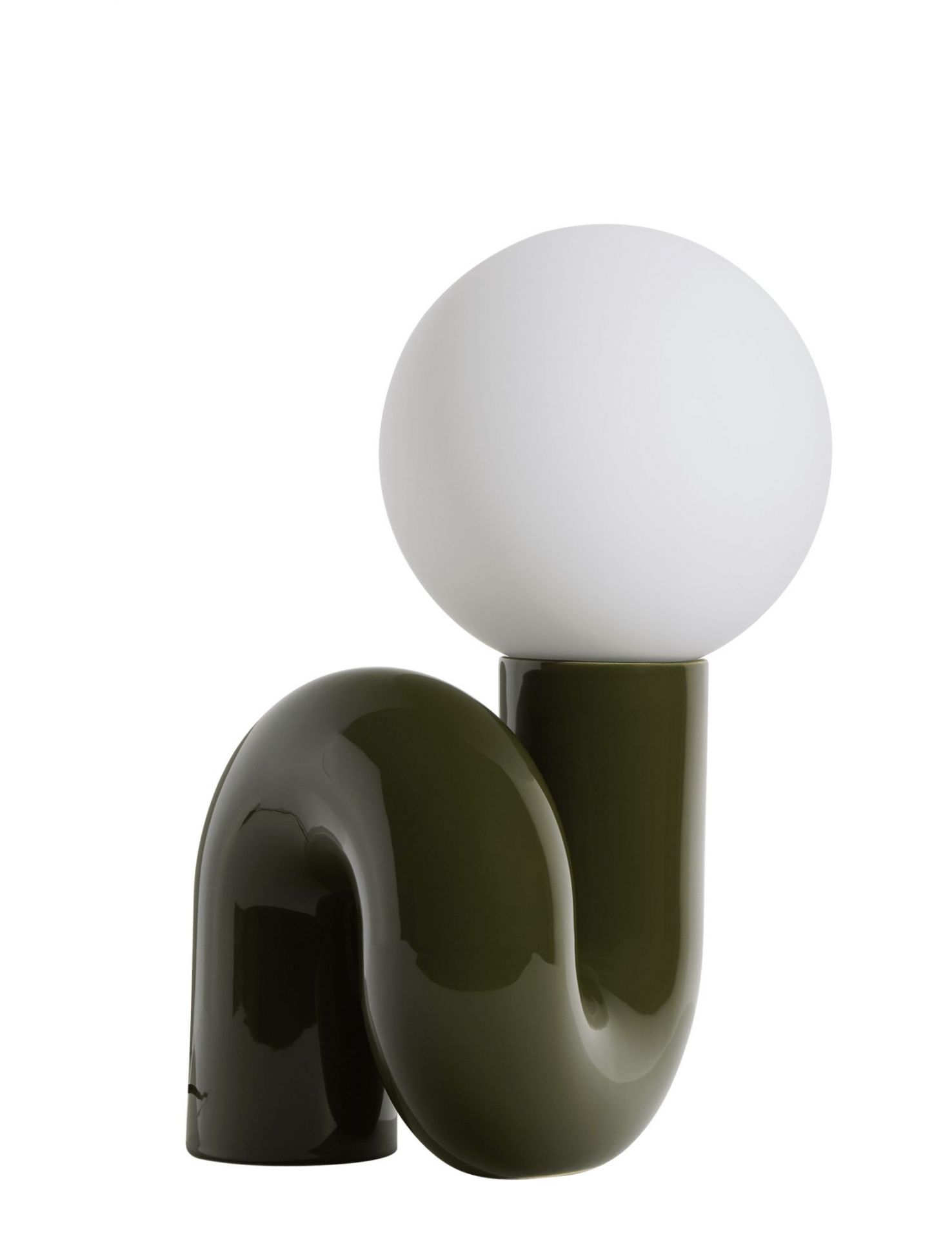 Neotenic Tischleuchte groß von Petite Friture, grüne Keramikbasis mit weißem, rundem Lampenschirm.