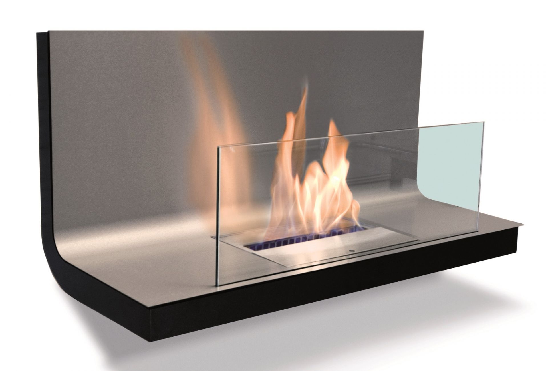 Wall Flame 1 Ethanol Kamin Radius mit Glas, Edelstahl und Flammen im Detail.