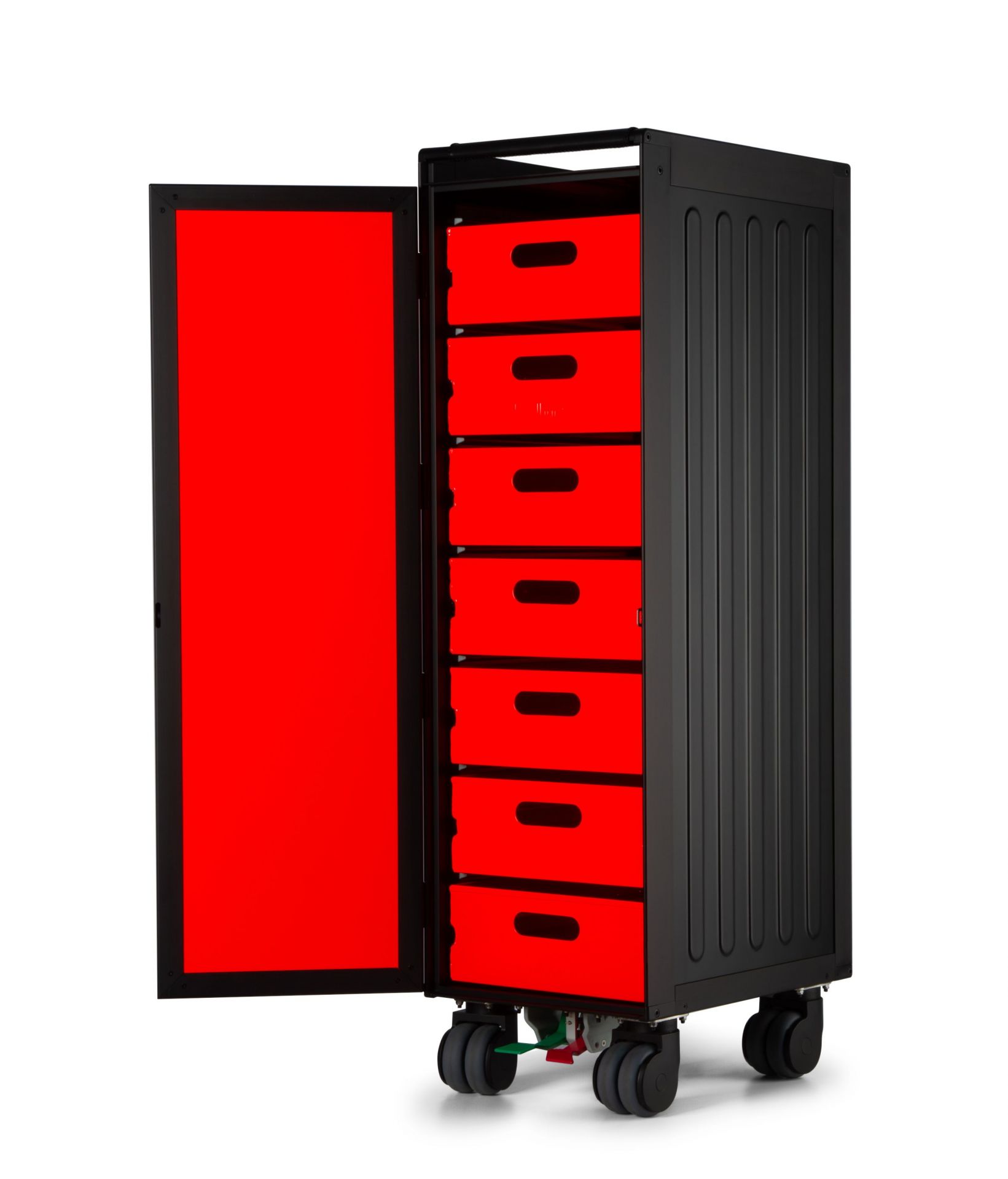 Voyager Flugzeugtrolley Neonblack mit offener Tür und roten Schubladen, ideal als Bordbar oder Stauraummöbel.