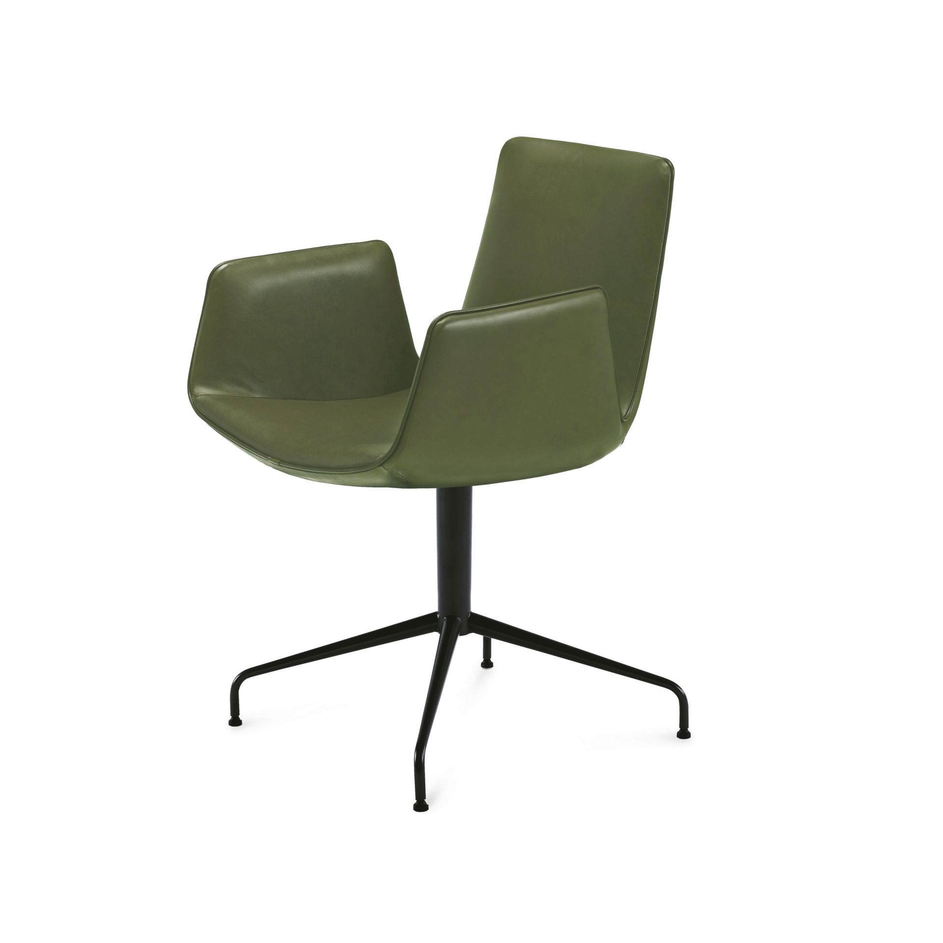 Amelie Armlehnstuhl von Freifrau Manufaktur, Leder olivgrün, hohe Armlehnen und schwarzes Drehgestell.