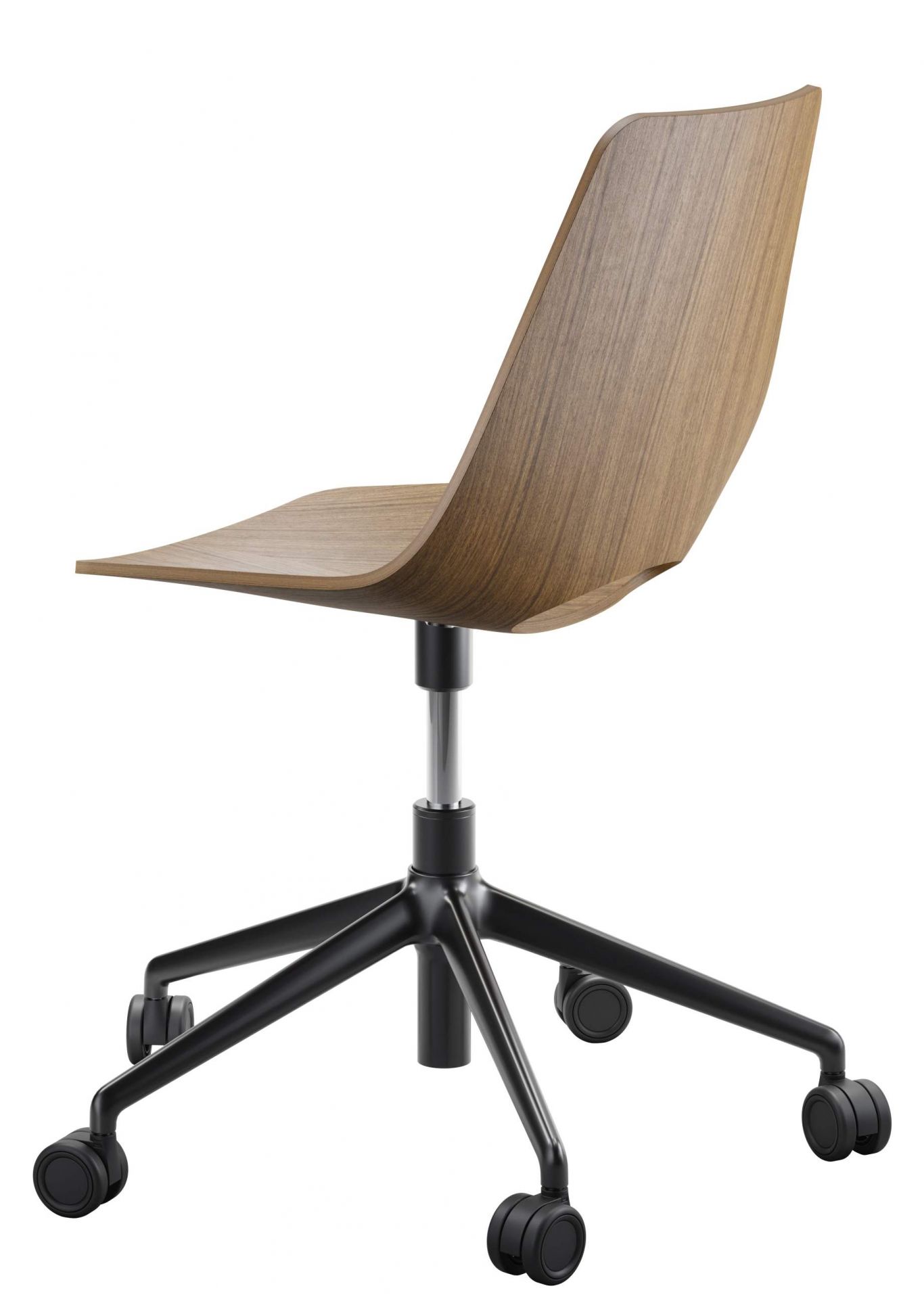 Thonet S 661 DR Drehstuhl mit Holzschale und schwarzem Fußkreuz mit Rollen.