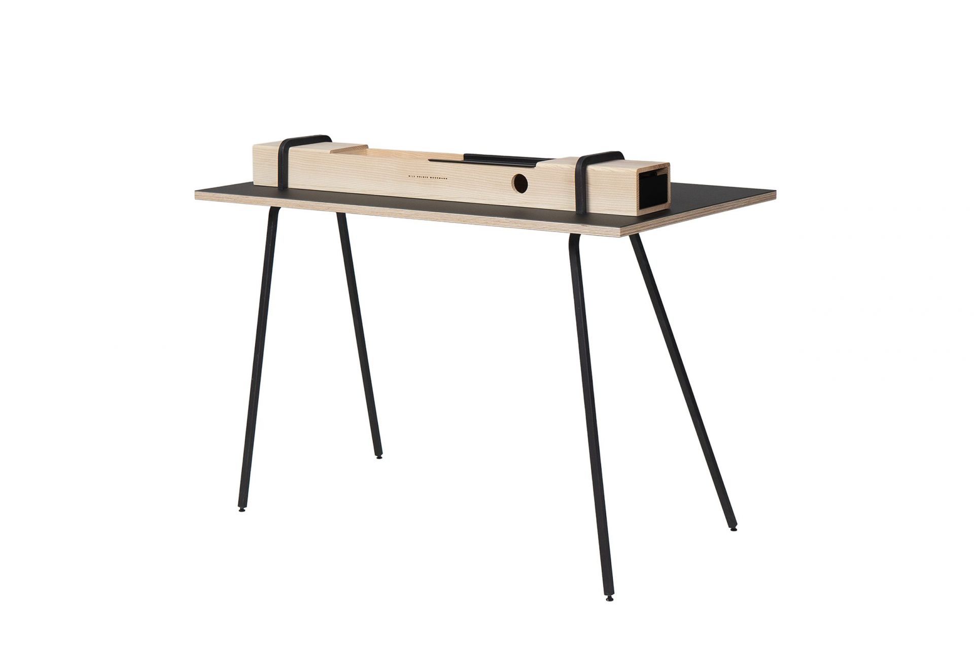 Kurt Sekretär von Nils Holger Moormann: Schreibtisch mit Ablage aus Holz und schwarzen Beinen.