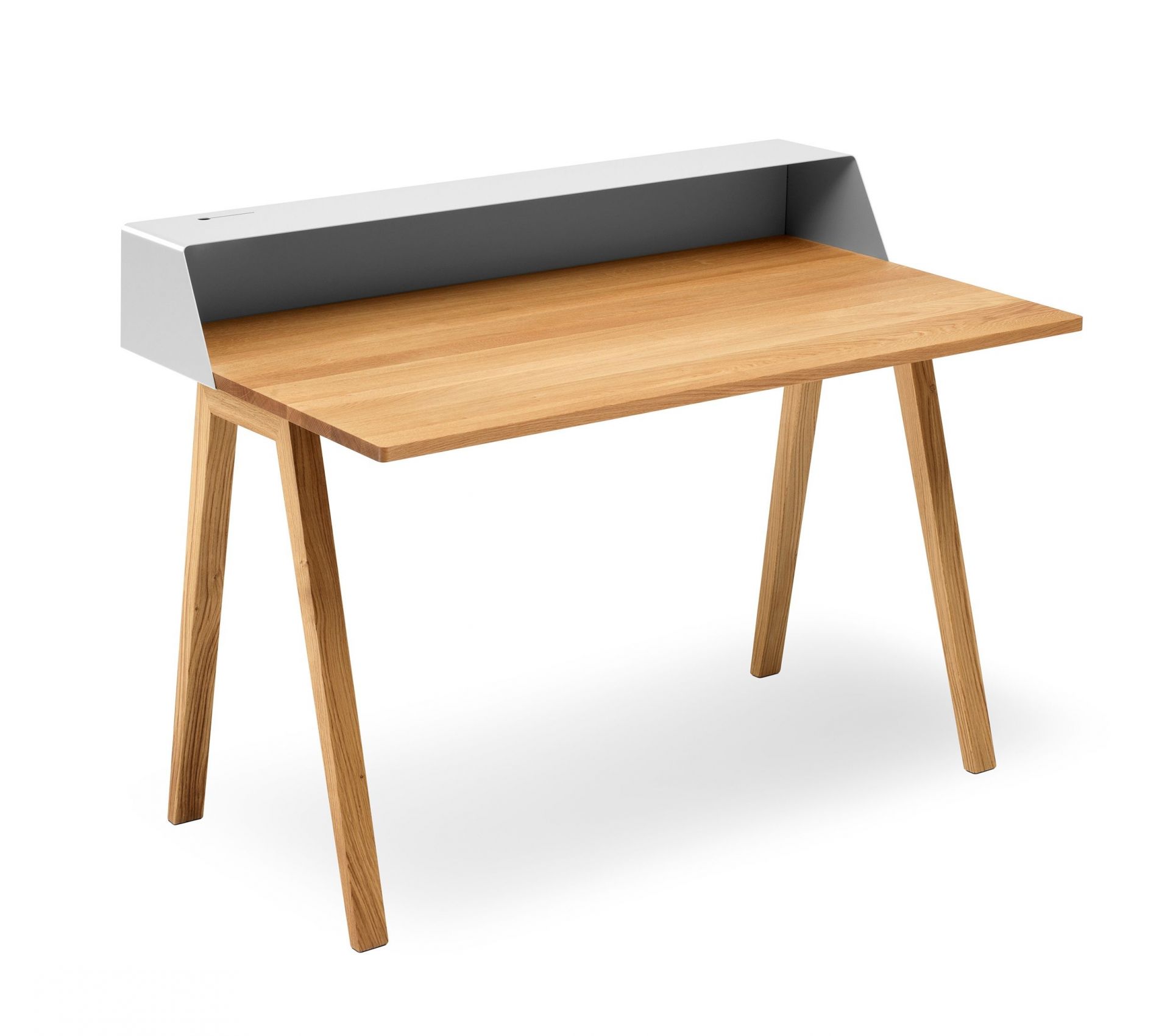 PS05 Sekretär von Müller Möbelfabrikation: Moderner Schreibtisch mit Eichenholzplatte und seidengrauem Aufsatz.