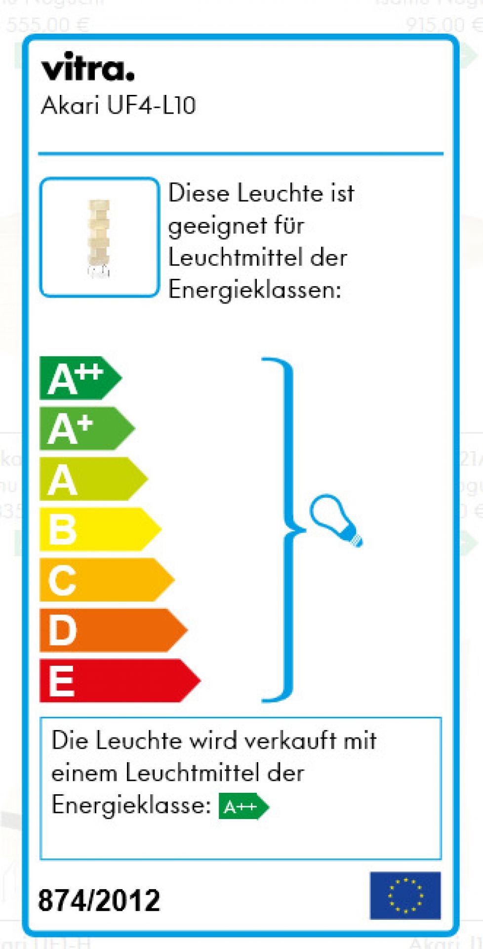 Energieeffizienzlabel der Akari Stehleuchte UF4-L10 von Vitra, geeignet für Leuchtmittel der Energieklassen A++ bis E.