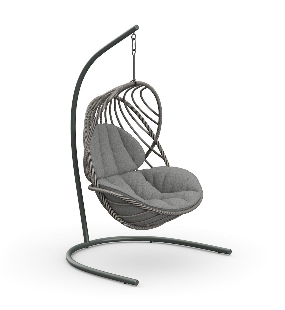 Grauer Kida Hängesessel von Dedon mit Standfuß und bequemen Kissen für Garten und Terrasse.