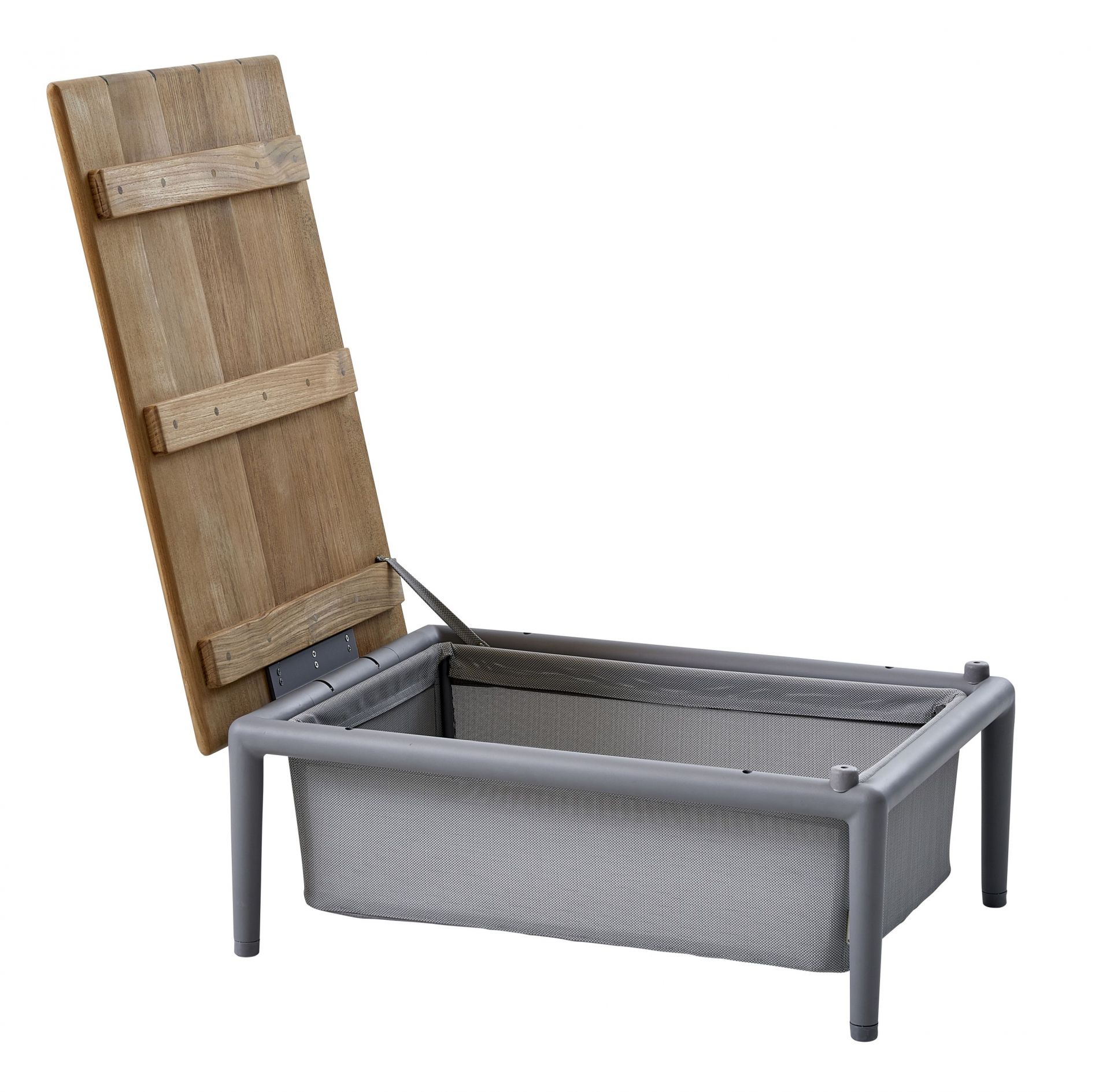 Cane-Line Conic Outdoor Box Tisch hellgrau mit geöffnetem Holzdeckel für Gartenmöbel und Aufbewahrung.