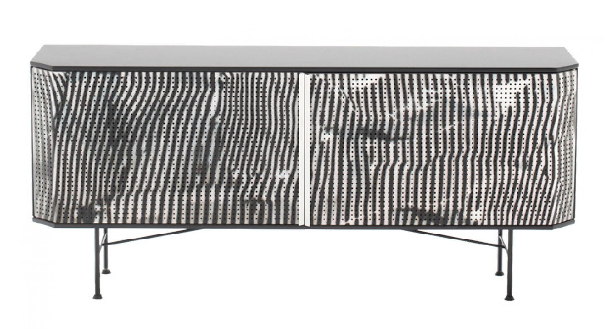 Perf Stripe Credenza Sideboard von Moroso Diesel mit schwarz-weiß gestreifter Front und schwarzen Füßen.