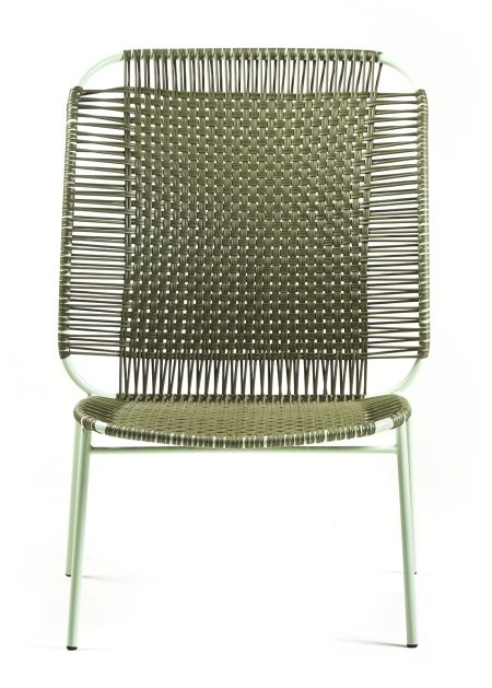 Cielo Lounge Chair, hoch, in Olive- und Pastellgrün. Outdoor Stuhl mit geflochtener Sitzfläche.