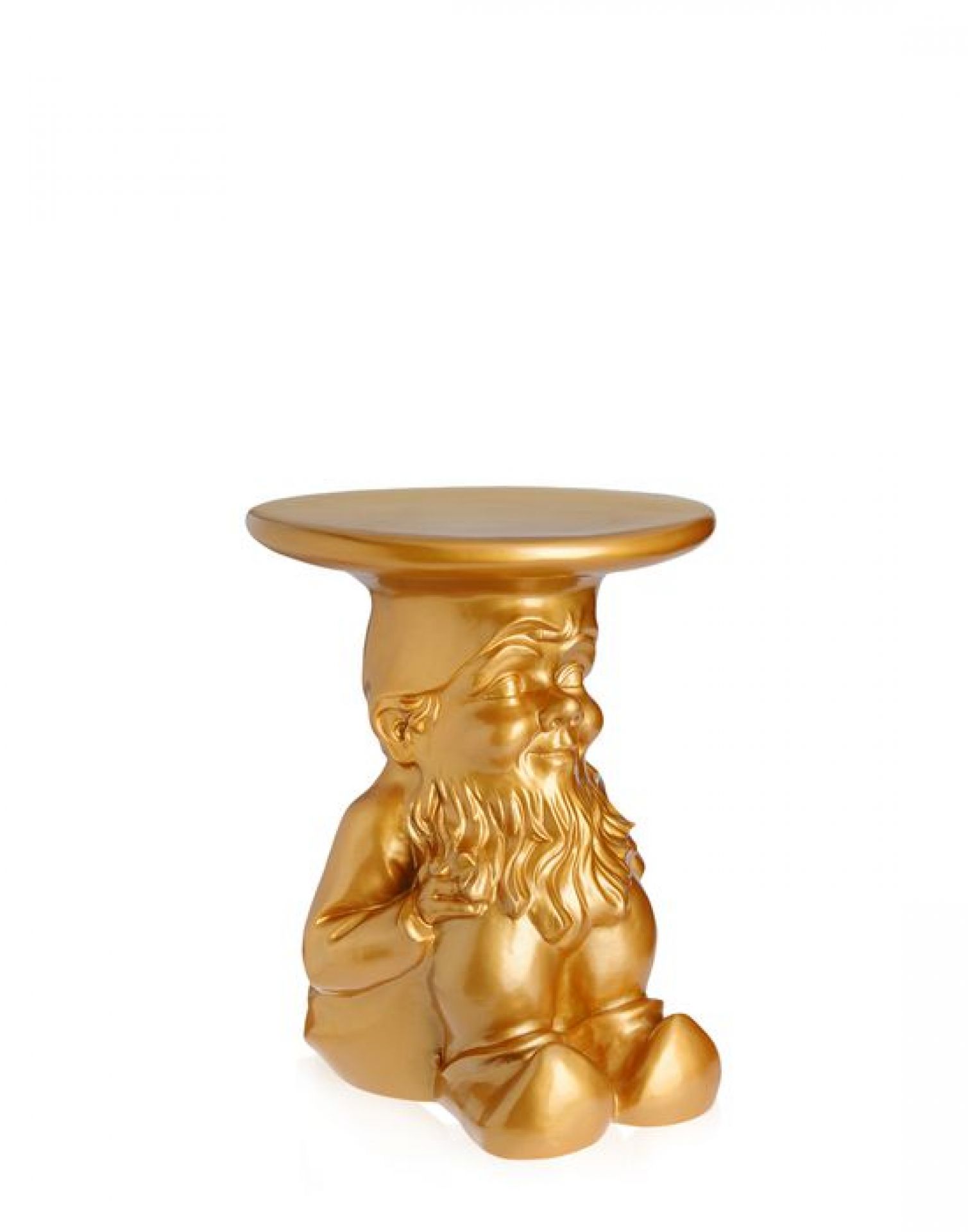 Goldener Gartenzwerg Hocker "Gnomes Kartell" als Beistelltisch oder Dekoration für Innen und Außen.