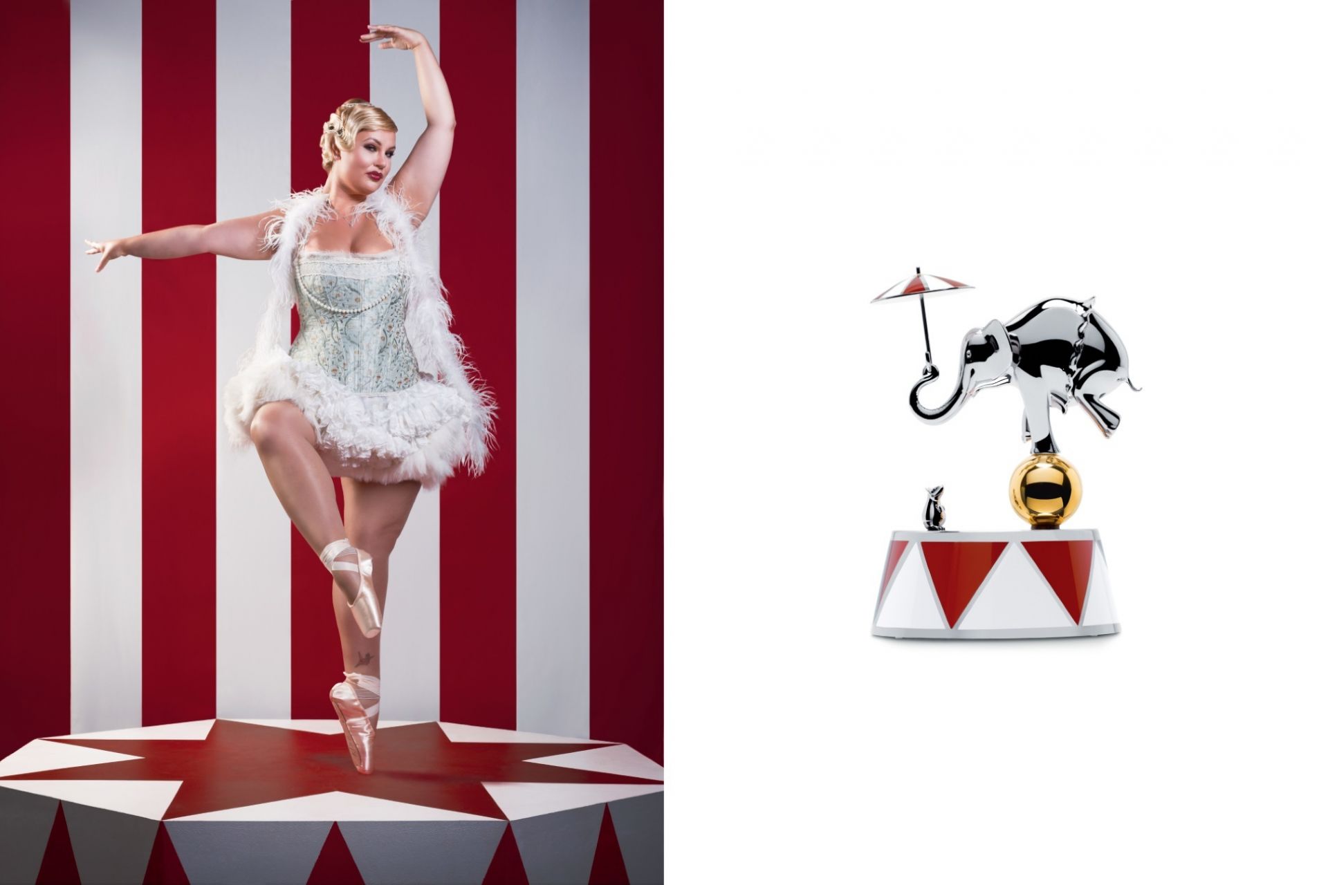 Alessi Circus Spieluhr "The Ballerina" mit Tänzerin und Elefant auf Zirkus-Bühne.