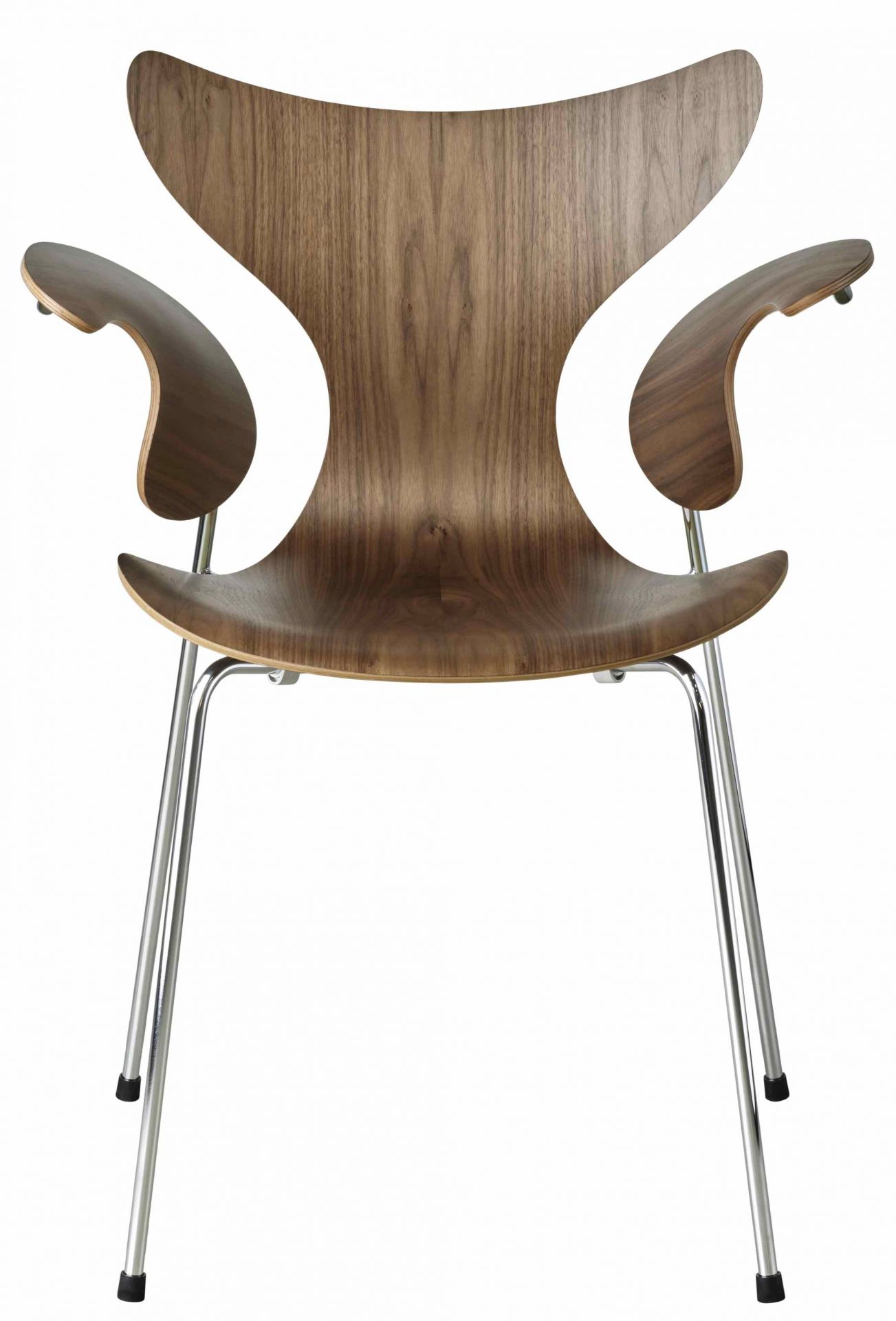 Lily Armlehnenstuhl von Fritz Hansen: Holzstuhl mit Armlehnen und Chromgestell, modernes Design für Esszimmer.