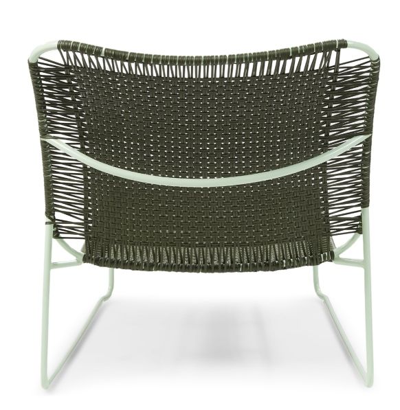 Rückansicht des Cielo Daybeds: Olivegrüne Liege mit pastellgrünem Rahmen für den Outdoor-Bereich.