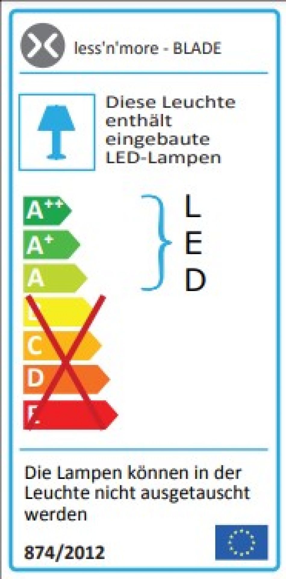 Energieeffizienzlabel der Blade PL Pendelleuchte Next mit integrierten LED-Lampen und Energieklasse A.
