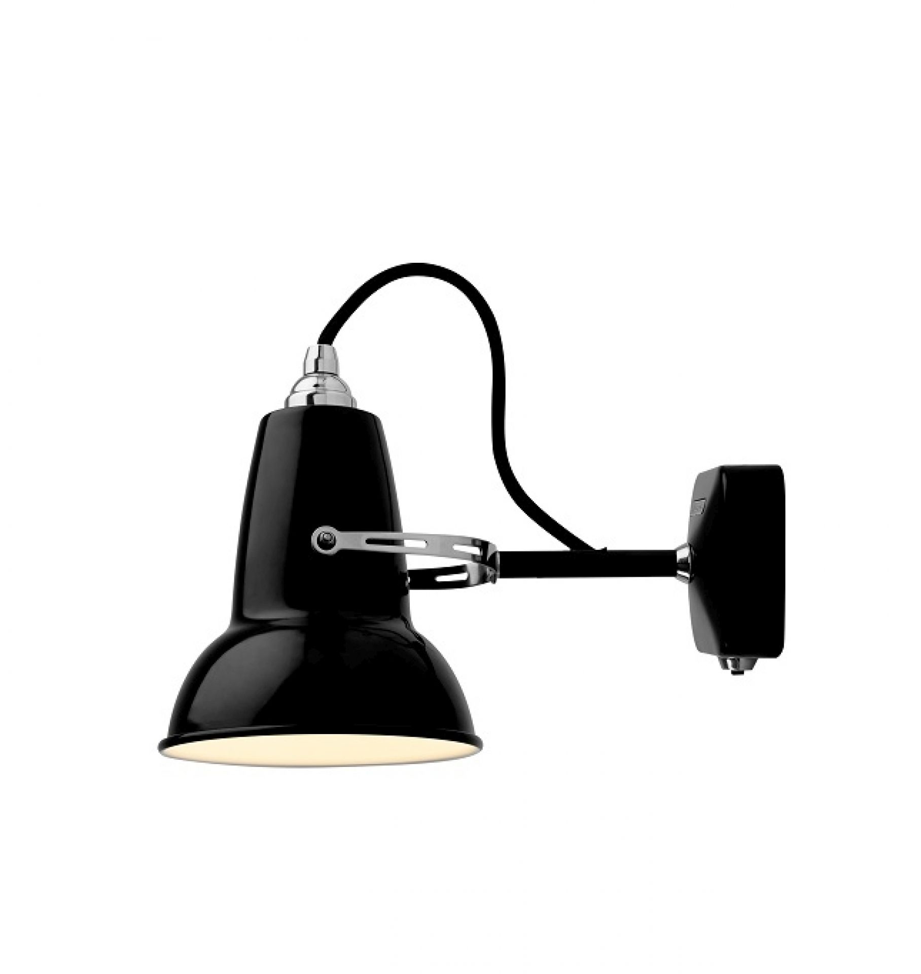 Schwarze Anglepoise Original 1227 Mini Wandleuchte mit verstellbarem Arm und Lampenschirm.