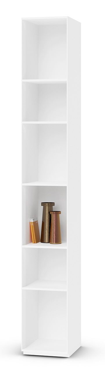 Weißes Nex Pur Regal mit offenen Fächern und Dekoration. Modernes Bücherregal für Wohnzimmer und Büro.