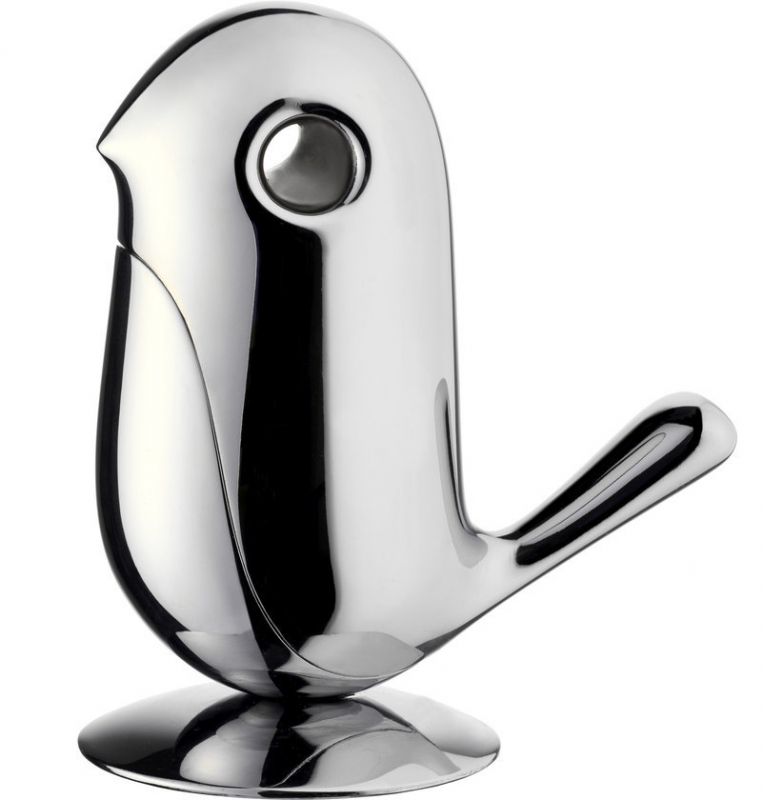 Alessi Chip Magnetspender RT01, ein glänzender, vogelähnlicher Büroklammernhalter aus Stahl für den Schreibtisch.