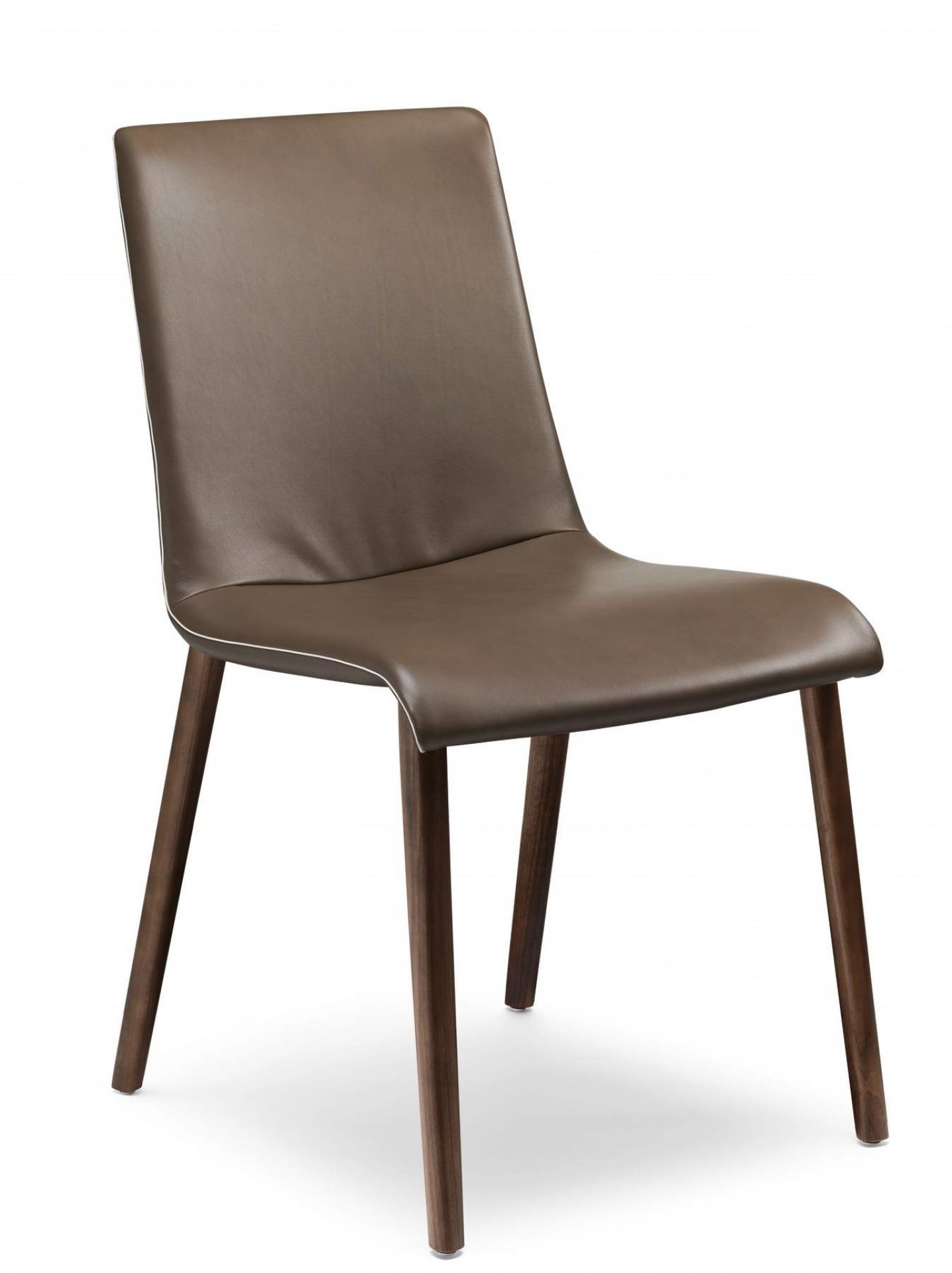 Liz Wood Stuhl mit braunem Lederbezug und dunklen Holzbeinen, moderner Esszimmerstuhl.