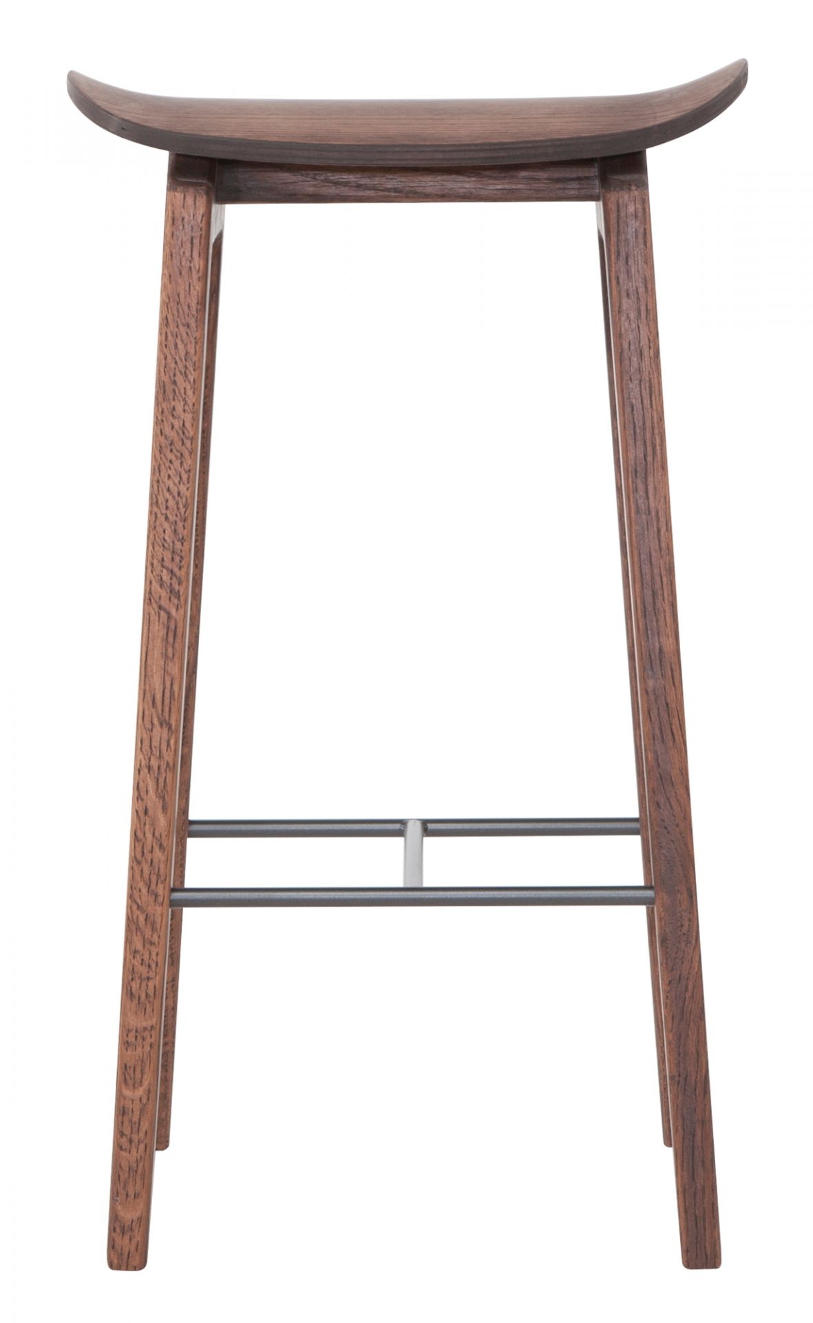 NY11 New York Barhocker von NORR11 aus dunklem Holz, Frontansicht. Design Barstuhl mit Fußstütze.