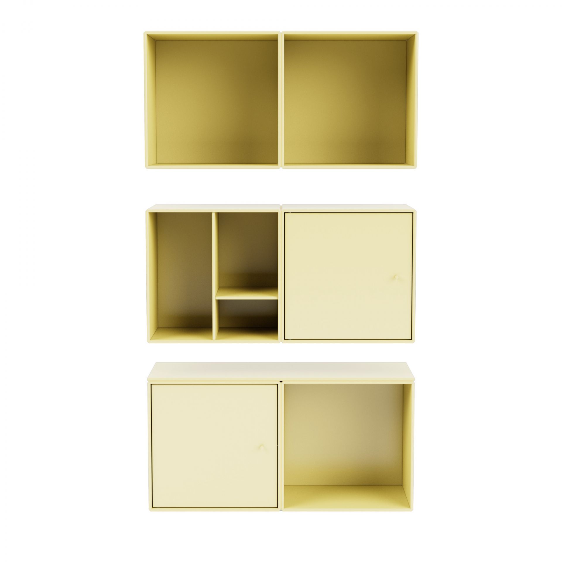 Gelbe Montana Mini Module, offene und geschlossene Fächer, modernes Regalsystem für Wohnzimmer und Büro.