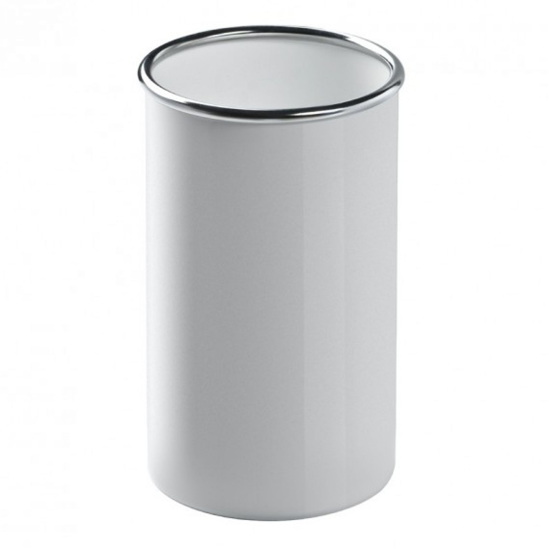 Weißer Colmo Schirmständer / Papierkorb von Rexite mit silberfarbenem Rand, geeignet für Büro und Zuhause.